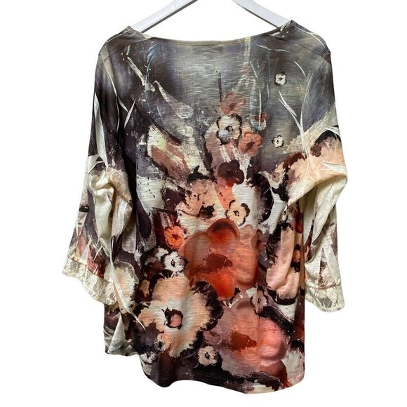 Style & Co, Womens Top Plus Size 2X Gray Red Floral 3/4 Sleeve Lace Trim - Picture 4 of 8